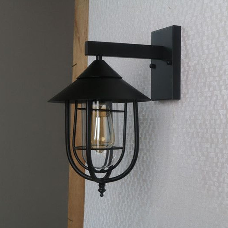 Lisslune | Half-Capsule Cage Gang Wall Lamp Rustic Metal Single Black Wall Lamp with Conical Top