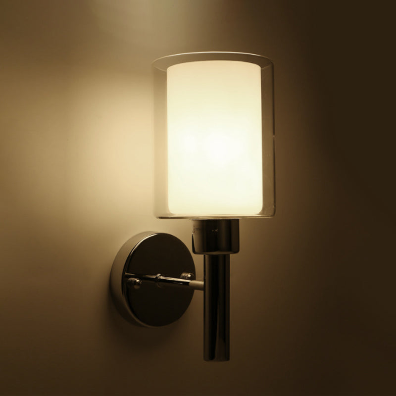 Lisslune | Modern Cylinder Wall Light Clear Glass 1 Light Chrome Wall Light with Inner White Glass Shade