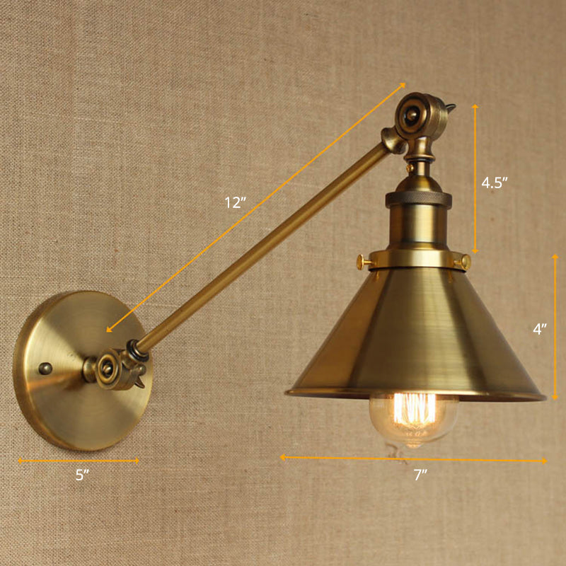 Skørter | Vintage Tapered Wall Lamp Fixture 1-Light Iron Wall Mounted Lamp in Brass for Bedroom