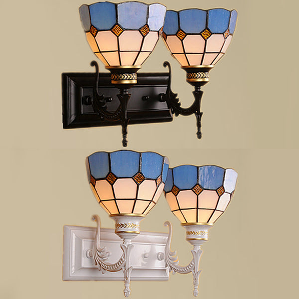 Lisslune | 2 Lights Bowl Wall Lighting Industrial Tiffany Stained Glass Indoor Lighting in White/Black for Hallway