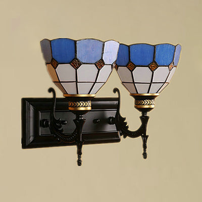 Lisslune | 2 Lights Bowl Wall Lighting Industrial Tiffany Stained Glass Indoor Lighting in White/Black for Hallway