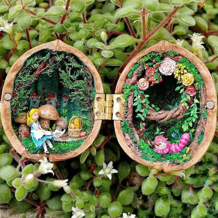 Lisslune | Handmade.Walnut Shell Doll House--Mini Library, Tiny World Inside Walnuts
