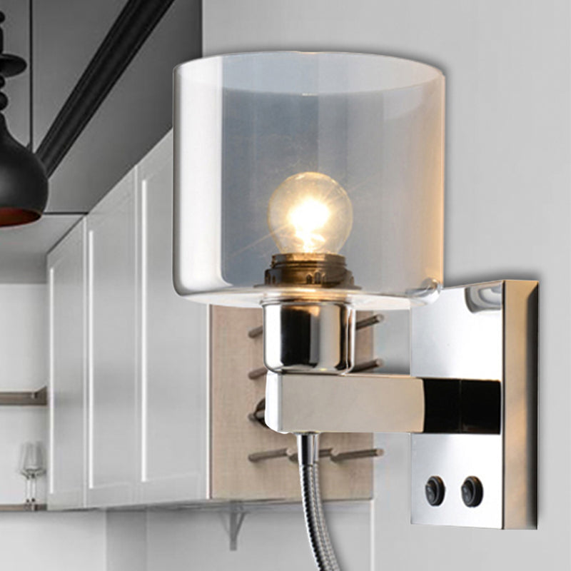 Lisslune | Cylindrical gray glass wall lamp modernist 1 light chrome wall light with 1 switch/2 switches/no switch