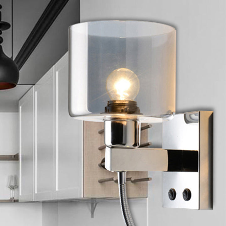 Lisslune | Cylindrical gray glass wall lamp modernist 1 light chrome wall light with 1 switch/2 switches/no switch