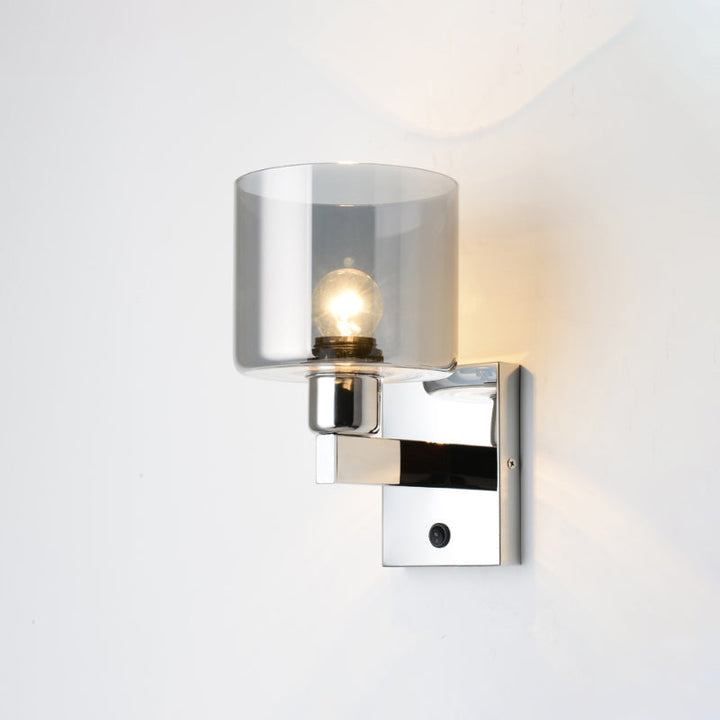 Lisslune | Cylindrical gray glass wall lamp modernist 1 light chrome wall light with 1 switch/2 switches/no switch