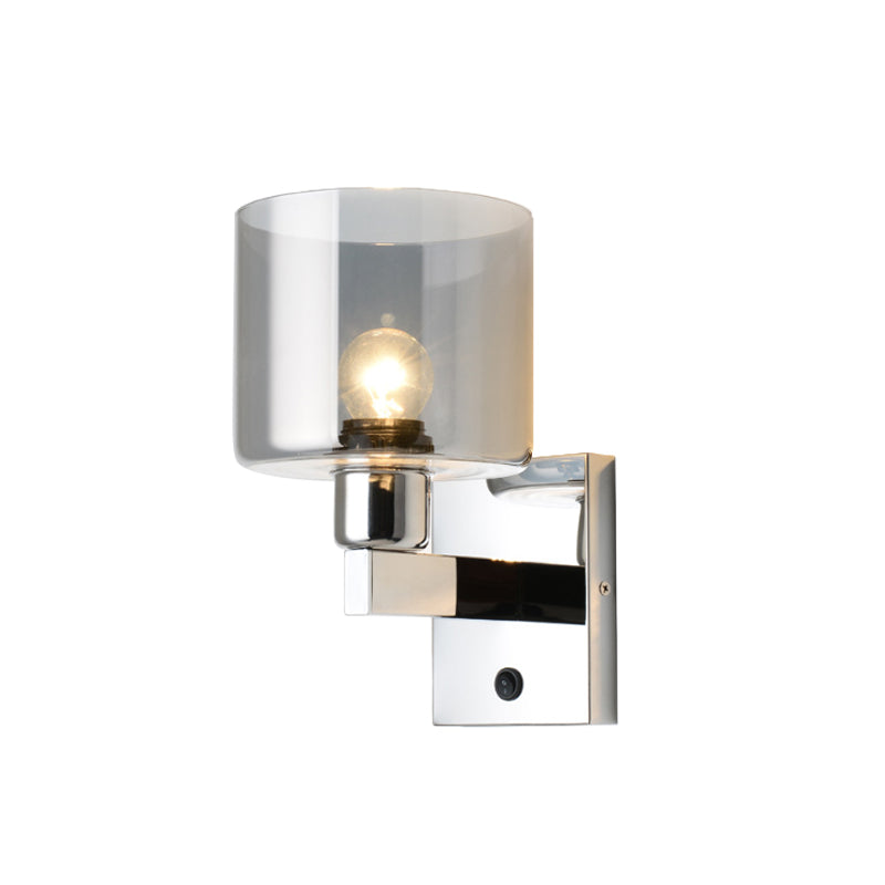 Lisslune | Cylindrical gray glass wall lamp modernist 1 light chrome wall light with 1 switch/2 switches/no switch