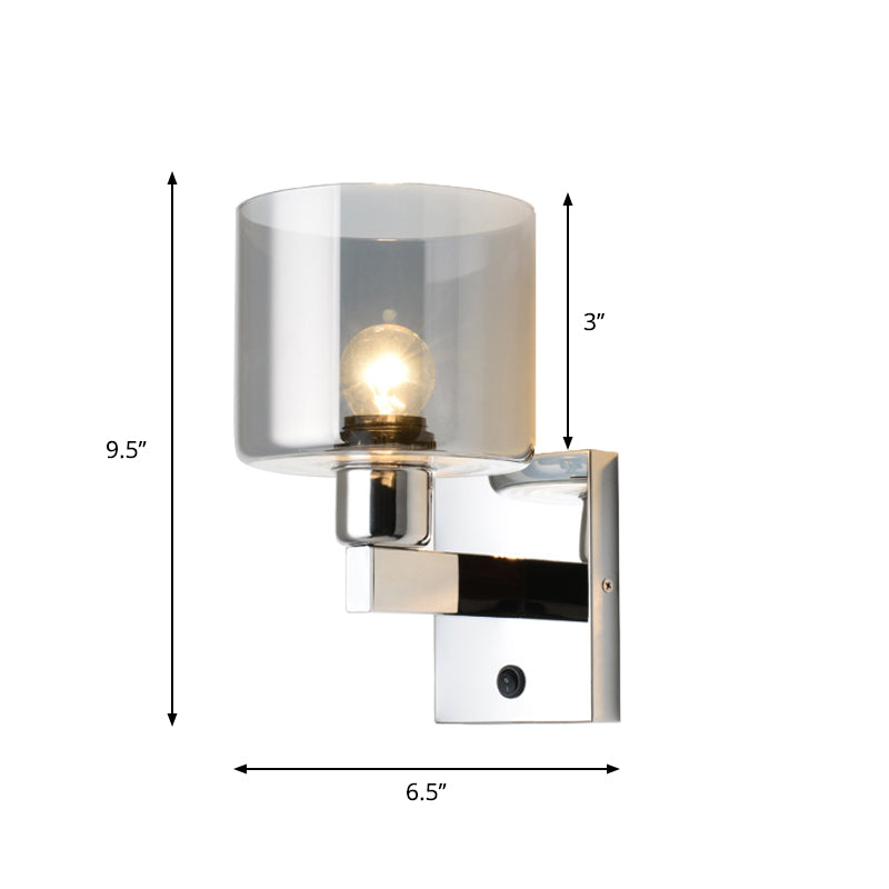 Lisslune | Cylindrical gray glass wall lamp modernist 1 light chrome wall light with 1 switch/2 switches/no switch