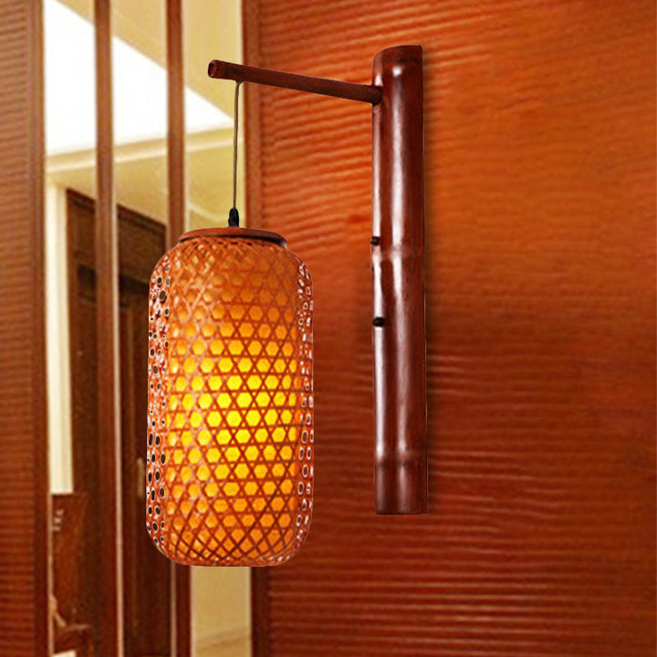 Skørter | Hand-knotted bamboo wall lamp Asian style 1-light beige wall lamp with lantern design for hallway