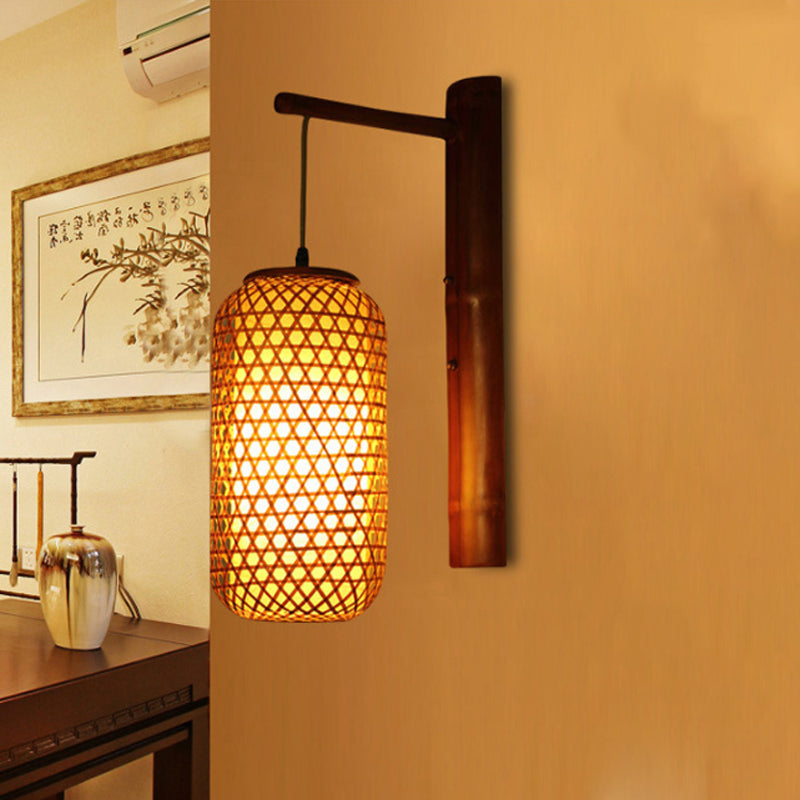 Skørter | Hand-knotted bamboo wall lamp Asian style 1-light beige wall lamp with lantern design for hallway