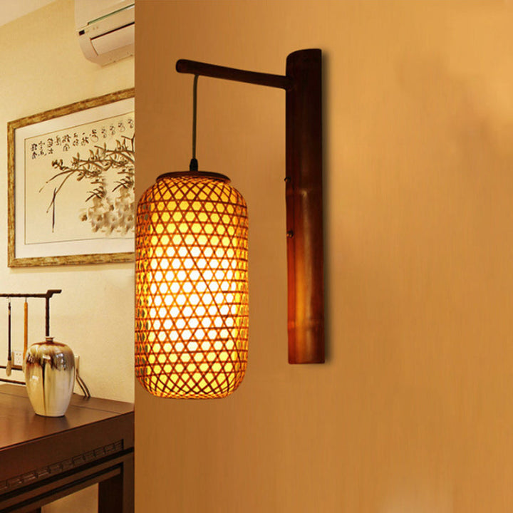 Skørter | Hand-knotted bamboo wall lamp Asian style 1-light beige wall lamp with lantern design for hallway