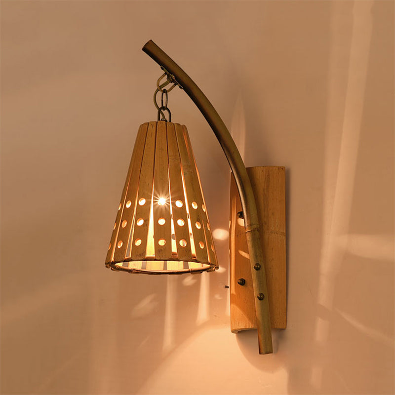 Skørter | Bamboo Conical Shade Wall Lighting with Hollow Design Lodge Style 1-Head Wood Wall Light for Bedroom, Left/Right