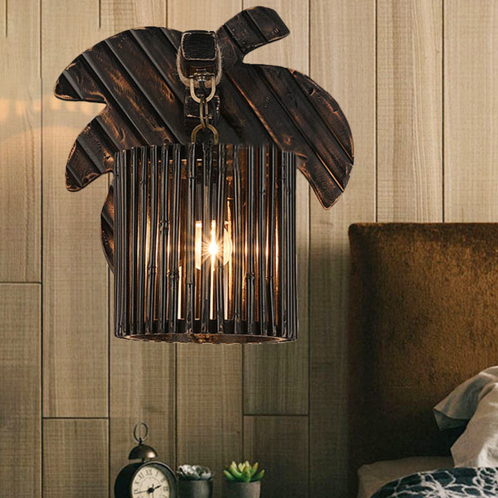 Lisslune | Black Finish Cylindrical Wall Light Lodge Stylish 1-Light Bamboo Wall Light with Wood Leaf Back Plate