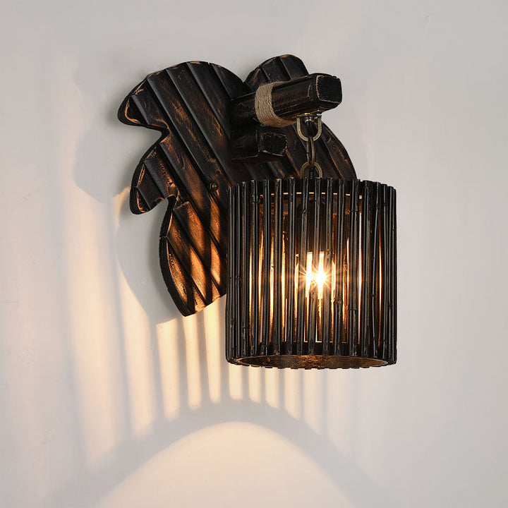 Lisslune | Black Finish Cylindrical Wall Light Lodge Stylish 1-Light Bamboo Wall Light with Wood Leaf Back Plate