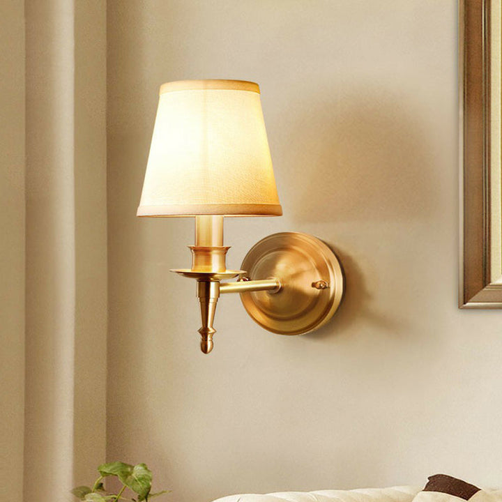 Lisslune | Brass Taper Wall Lamp Modern One-Bulb Fabric Wall Lamp for Hallway
