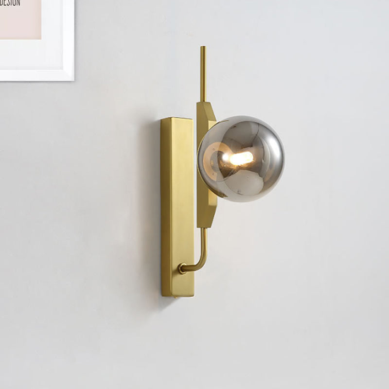 Lisslune | LED Bedroom Wall Light with Spherical Smoky/White/Amber Glass Shade Modern Brass Wall Mount Light