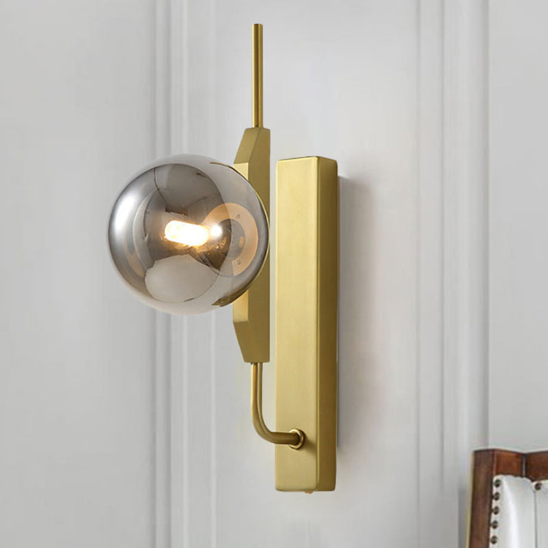Lisslune | LED Bedroom Wall Light with Spherical Smoky/White/Amber Glass Shade Modern Brass Wall Mount Light