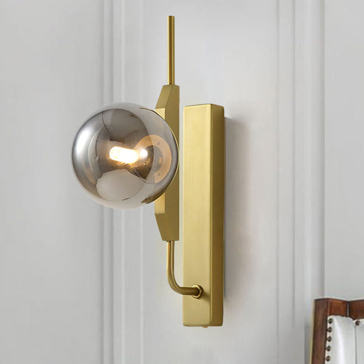Lisslune | LED Bedroom Wall Light with Spherical Smoky/White/Amber Glass Shade Modern Brass Wall Mount Light