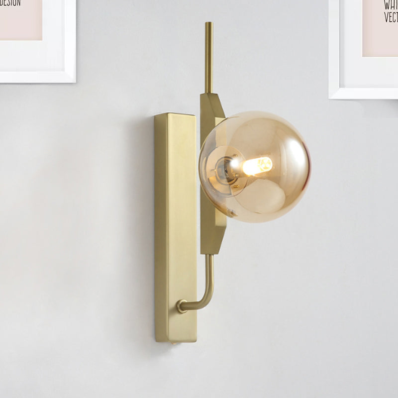 Lisslune | LED Bedroom Wall Light with Spherical Smoky/White/Amber Glass Shade Modern Brass Wall Mount Light