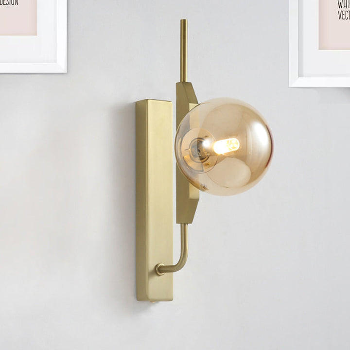 Lisslune | LED Bedroom Wall Light with Spherical Smoky/White/Amber Glass Shade Modern Brass Wall Mount Light