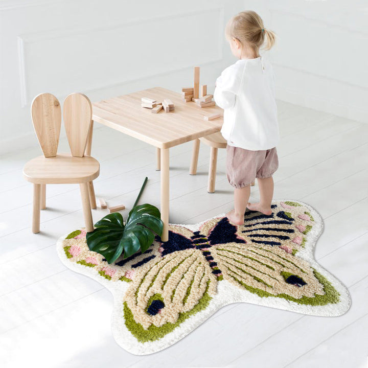 Lisslune | Yellow Scandinavian Rug Polyester Butterfly Print Indoor Rug Non-Slip Backing Pet Friendly Easy Care Area Rug for Decoration
