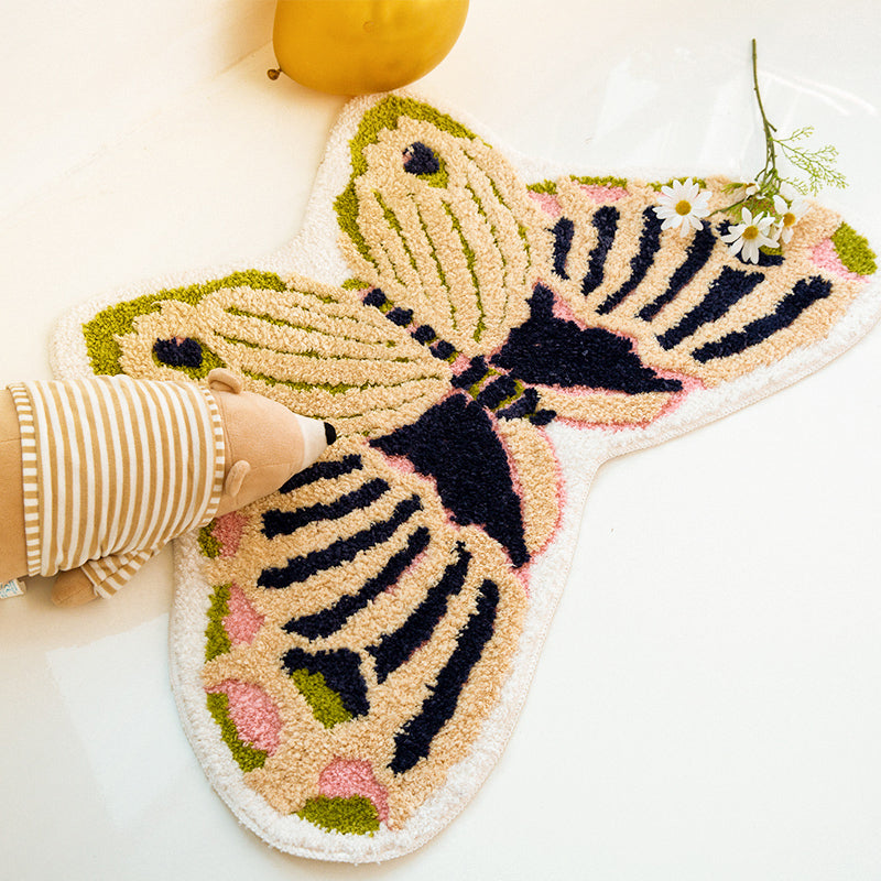 Lisslune | Yellow Scandinavian Rug Polyester Butterfly Print Indoor Rug Non-Slip Backing Pet Friendly Easy Care Area Rug for Decoration