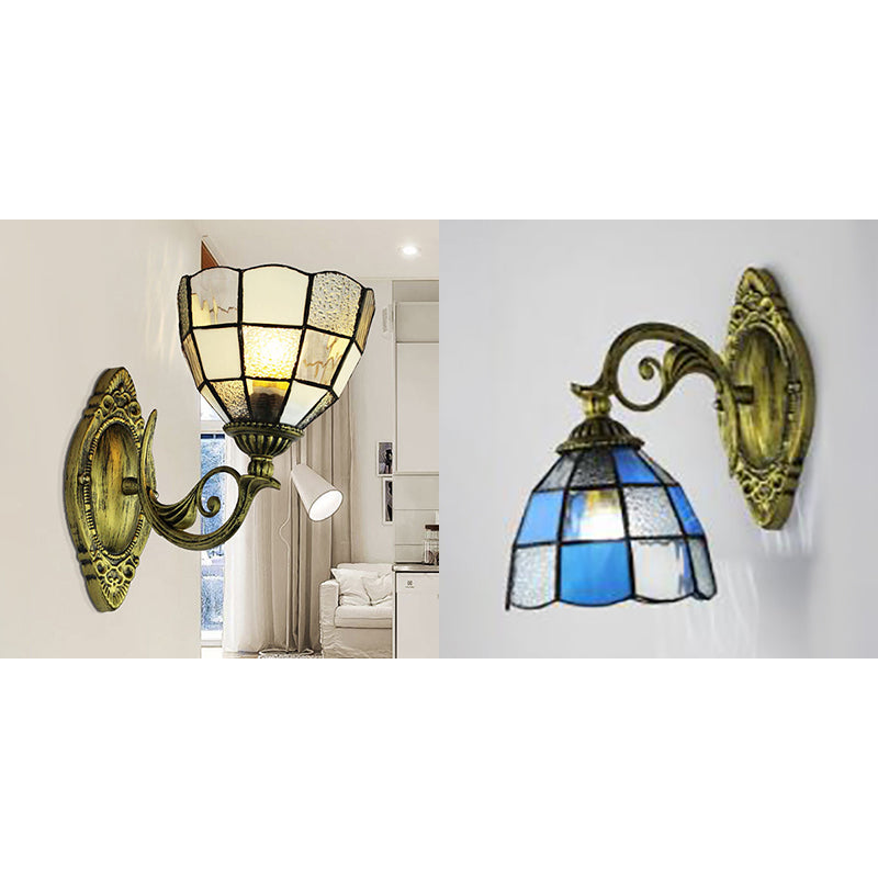 Lisslune | Dome Wall Lamp Light Grid Glass 1 Head Tiffany Wall Mount Lighting in White/Blue for Bedroom