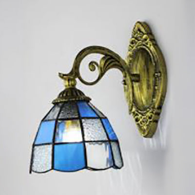 Lisslune | Dome Wall Lamp Light Grid Glass 1 Head Tiffany Wall Mount Lighting in White/Blue for Bedroom