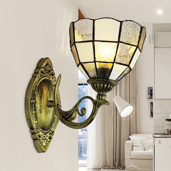 Lisslune | Dome Wall Lamp Light Grid Glass 1 Head Tiffany Wall Mount Lighting in White/Blue for Bedroom