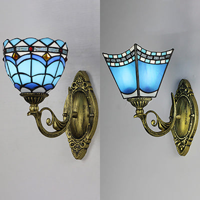 Lisslune | Nautical wall lamp with dome/swallowtail shape stained glass 1 light wall mount light in blue