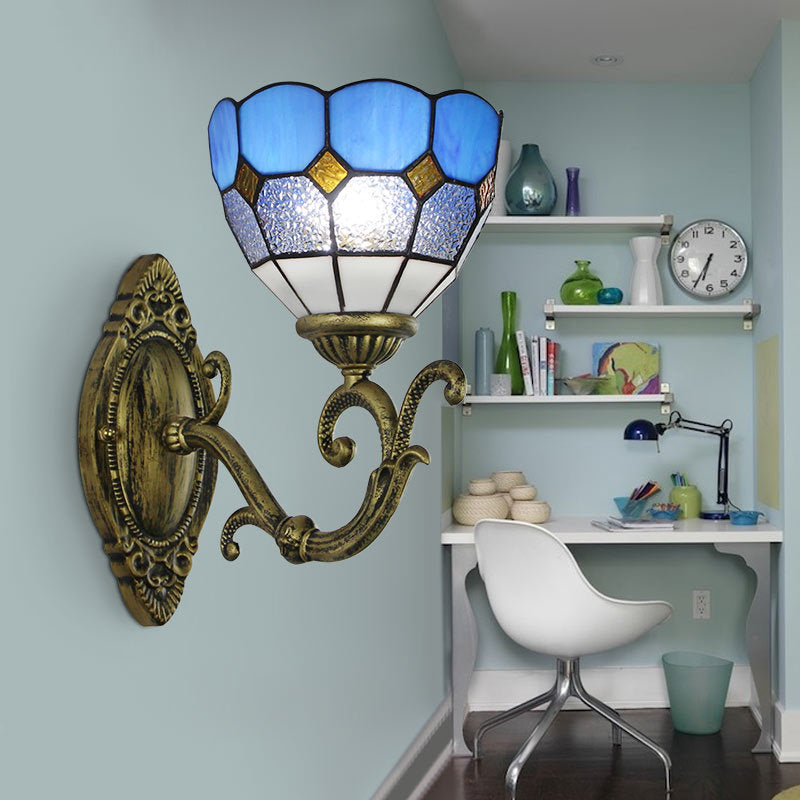 Lisslune | Mediterranean Bowl Wall Lamp Glazed Glass and Metal 1 Light Wall Switch Lighting in Clear/White