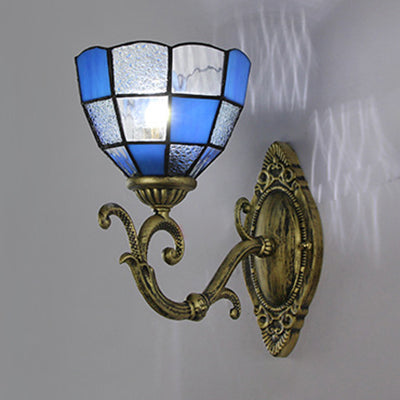 Lisslune | Grid glass wall pendant lamp Tiffany Vintage 1 light wall lighting in clear/blue for bedroom