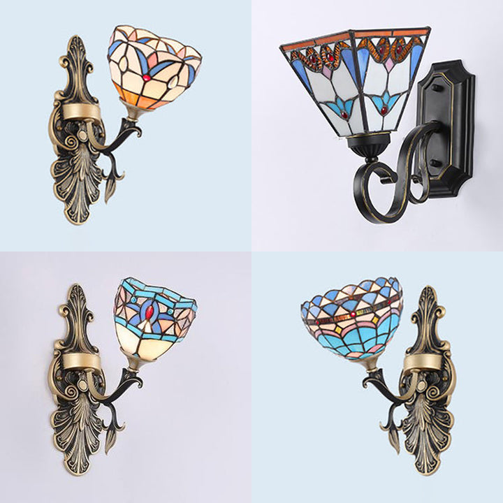 Lisslune | Stained Glass Wall Lighting with Baroque/Flower/Gem/Magnolia Pattern Tiffany 1 Light Indoor Wall Lamp in Blue