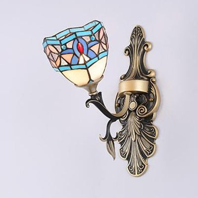 Lisslune | Stained Glass Wall Lighting with Baroque/Flower/Gem/Magnolia Pattern Tiffany 1 Light Indoor Wall Lamp in Blue