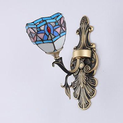 Lisslune | Stained Glass Wall Lighting with Baroque/Flower/Gem/Magnolia Pattern Tiffany 1 Light Indoor Wall Lamp in Blue