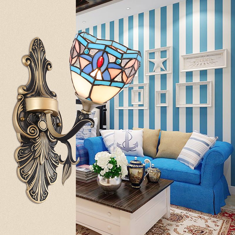 Lisslune | Stained Glass Wall Lighting with Baroque/Flower/Gem/Magnolia Pattern Tiffany 1 Light Indoor Wall Lamp in Blue