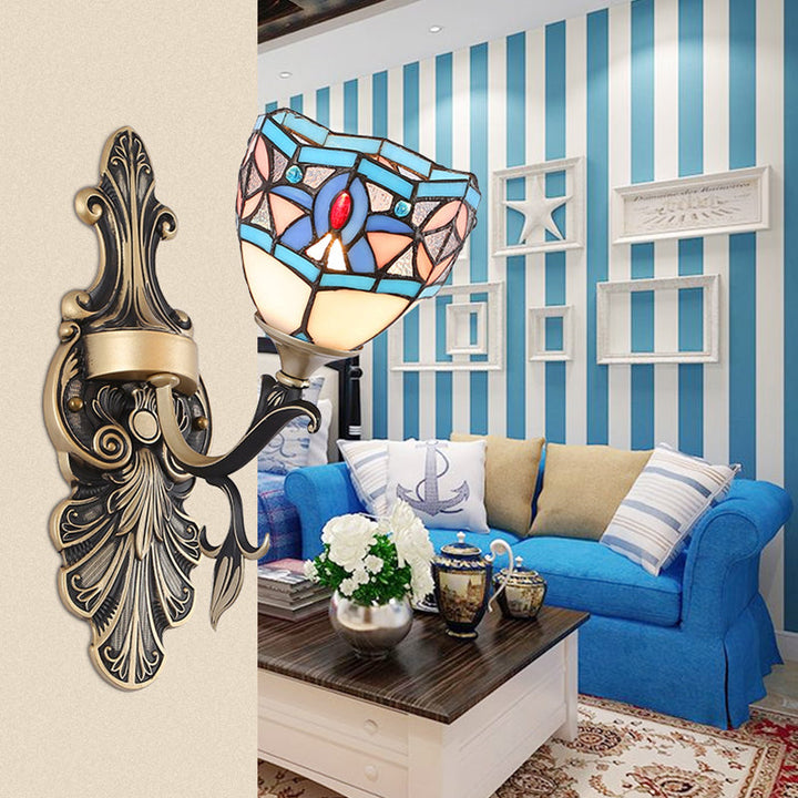 Lisslune | Stained Glass Wall Lighting with Baroque/Flower/Gem/Magnolia Pattern Tiffany 1 Light Indoor Wall Lamp in Blue