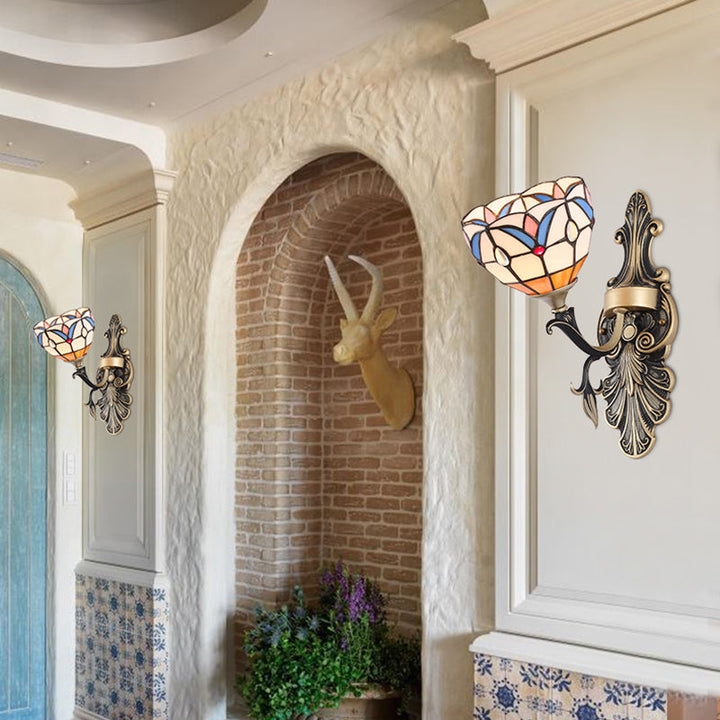 Lisslune | Stained Glass Wall Lighting with Baroque/Flower/Gem/Magnolia Pattern Tiffany 1 Light Indoor Wall Lamp in Blue