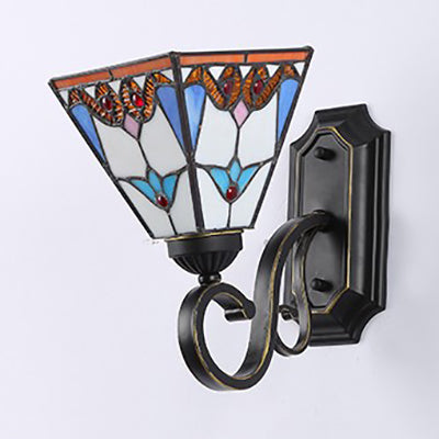 Lisslune | Stained Glass Wall Lighting with Baroque/Flower/Gem/Magnolia Pattern Tiffany 1 Light Indoor Wall Lamp in Blue