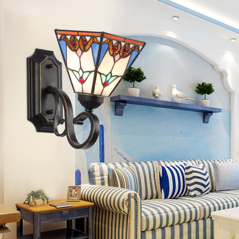 Lisslune | Stained Glass Wall Lighting with Baroque/Flower/Gem/Magnolia Pattern Tiffany 1 Light Indoor Wall Lamp in Blue