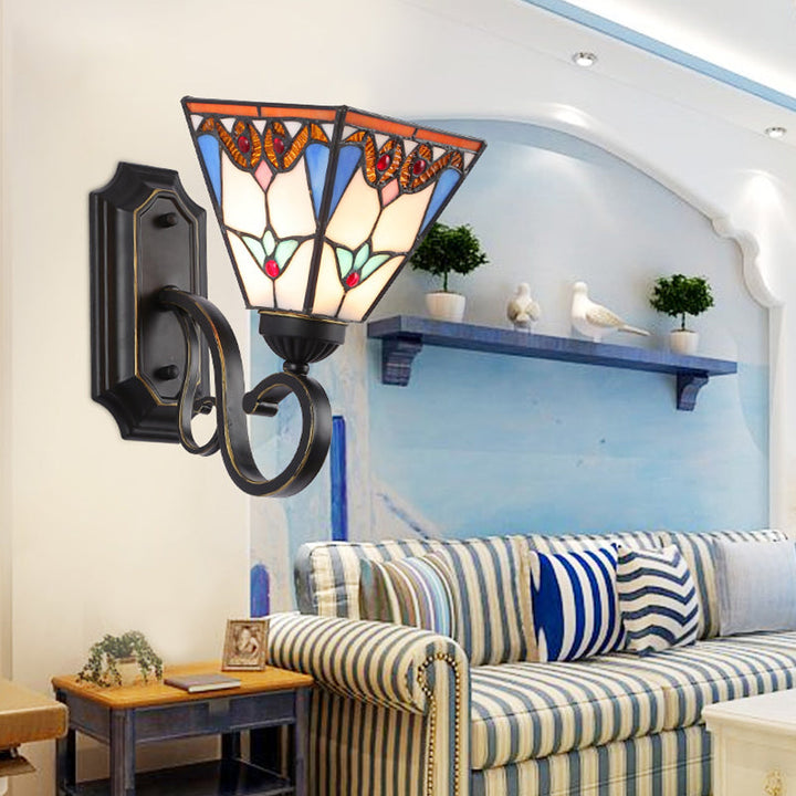 Lisslune | Stained Glass Wall Lighting with Baroque/Flower/Gem/Magnolia Pattern Tiffany 1 Light Indoor Wall Lamp in Blue