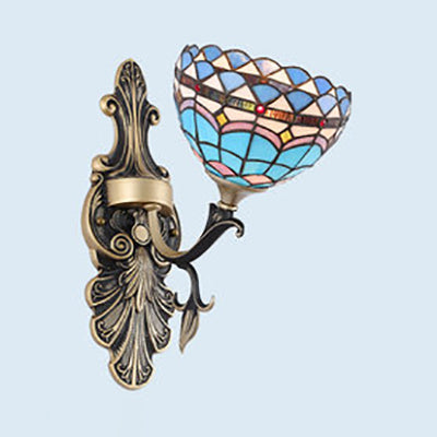 Lisslune | Stained Glass Wall Lighting with Baroque/Flower/Gem/Magnolia Pattern Tiffany 1 Light Indoor Wall Lamp in Blue