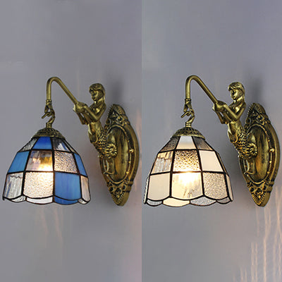 Lisslune | Baroque Checkered Wall Lamp 1 Head White/Blue Glass Wall Mounted Lighting Fixture for Hall