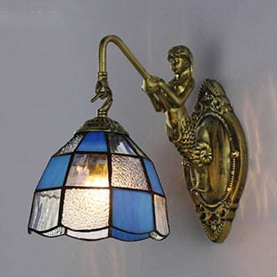 Lisslune | Baroque Checkered Wall Lamp 1 Head White/Blue Glass Wall Mounted Lighting Fixture for Hall