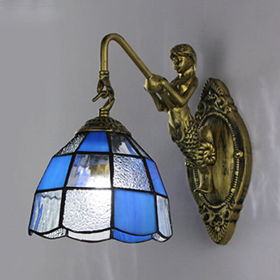 Lisslune | Baroque Checkered Wall Lamp 1 Head White/Blue Glass Wall Mounted Lighting Fixture for Hall