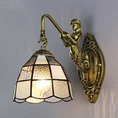 Lisslune | Baroque Checkered Wall Lamp 1 Head White/Blue Glass Wall Mounted Lighting Fixture for Hall