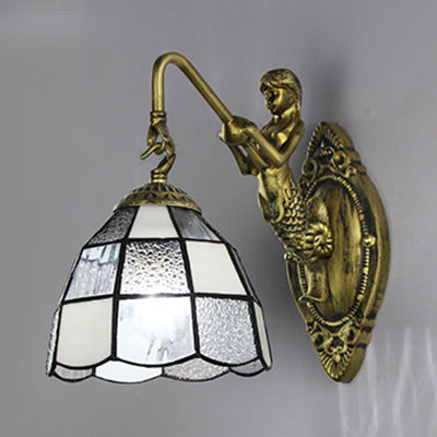 Lisslune | Baroque Checkered Wall Lamp 1 Head White/Blue Glass Wall Mounted Lighting Fixture for Hall
