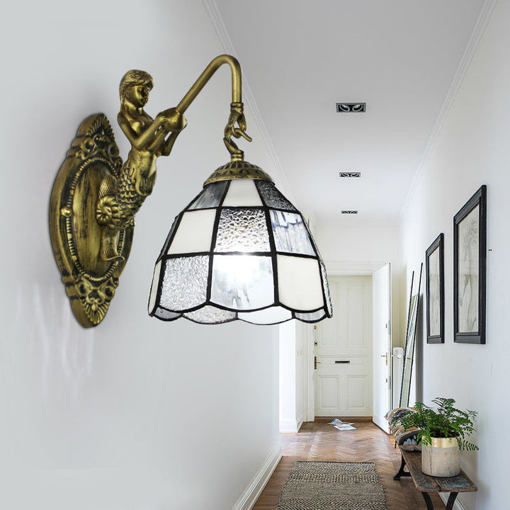 Lisslune | Baroque Checkered Wall Lamp 1 Head White/Blue Glass Wall Mounted Lighting Fixture for Hall