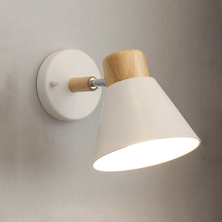 Skørter | Nordic Stylish Cone Shade Wall Mounted Light Metal and Wood 1 Bulb Nightstand Rotatable Wall Sconces in Black/White
