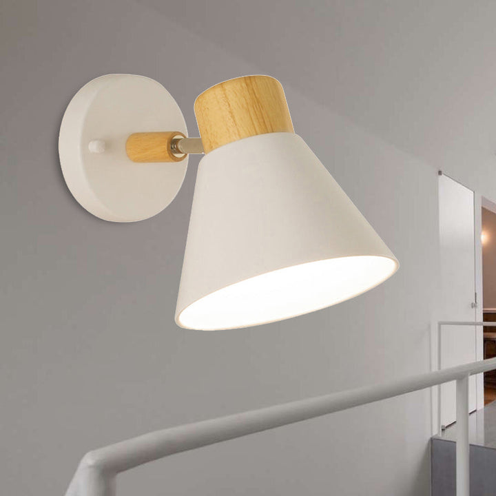 Skørter | Nordic Stylish Cone Shade Wall Mounted Light Metal and Wood 1 Bulb Nightstand Rotatable Wall Sconces in Black/White