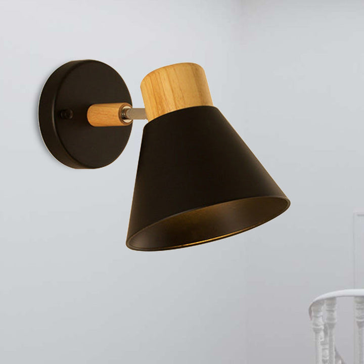 Skørter | Nordic Stylish Cone Shade Wall Mounted Light Metal and Wood 1 Bulb Nightstand Rotatable Wall Sconces in Black/White